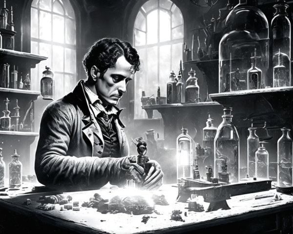 Historically dressed man examines object in dimly lit laboratory