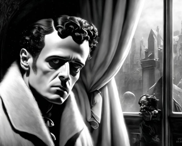 Monochrome illustration: Curly-haired man in renaissance coat by gothic window.