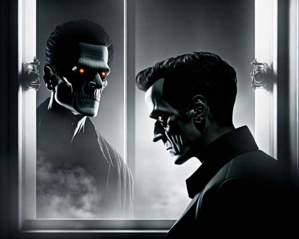 Man vs. Robot: Stylized illustration with red-eyed reflection