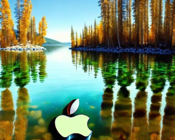 Autumn trees reflected in serene lake with Apple logo.