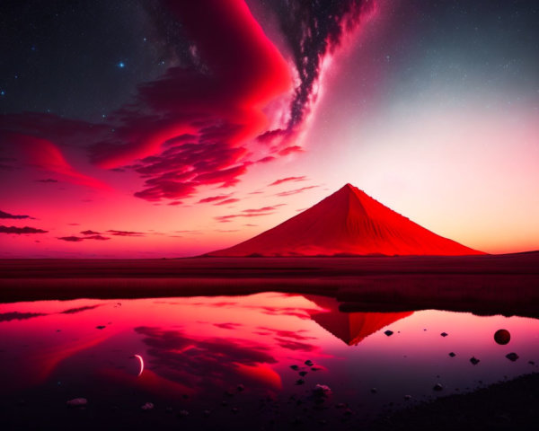 Colorful sunset reflection over water with mountain silhouette under starry sky