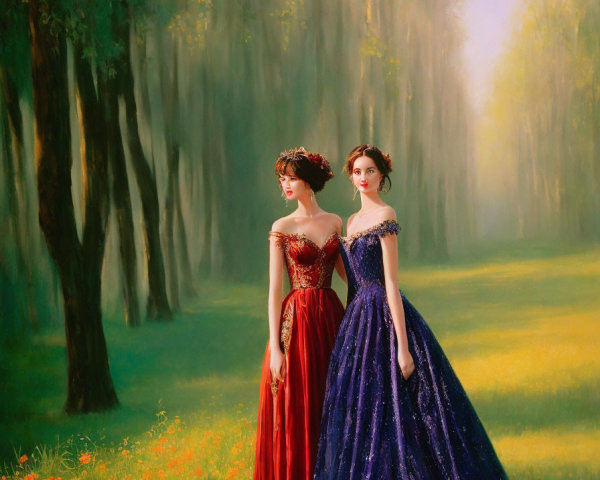 Two women in red and blue gowns in sunlit forest clearing.