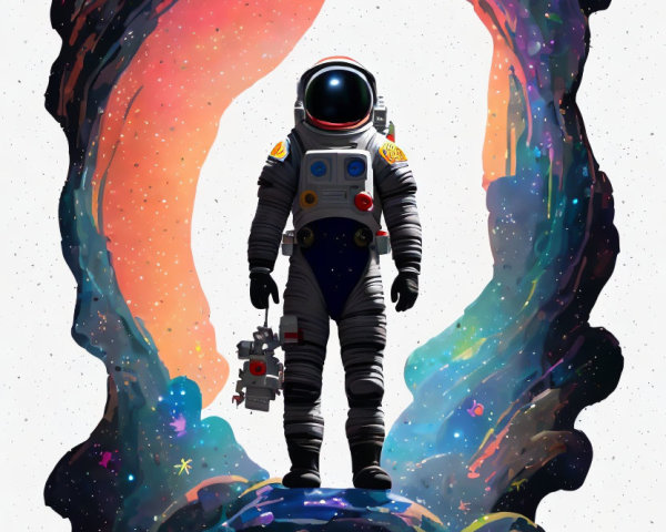 Astronaut facing cosmic portal with stars and nebulae