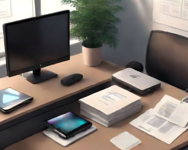 Office desk with computer, keyboard, mouse, tablet, smartphone, papers, and plant near window