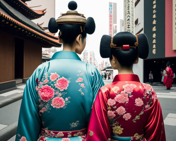Traditional Japanese women in kimonos stroll historic street