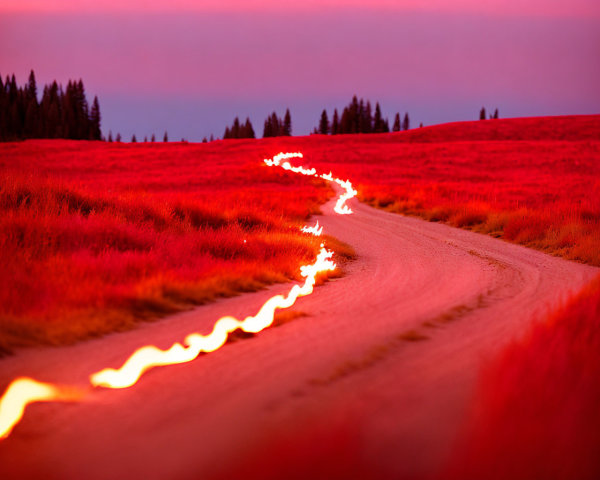 Vibrant red field with winding dirt road and glowing lava-like line