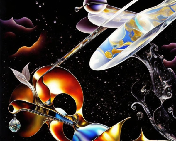 Vibrant surreal artwork with abstract shapes and cosmic background