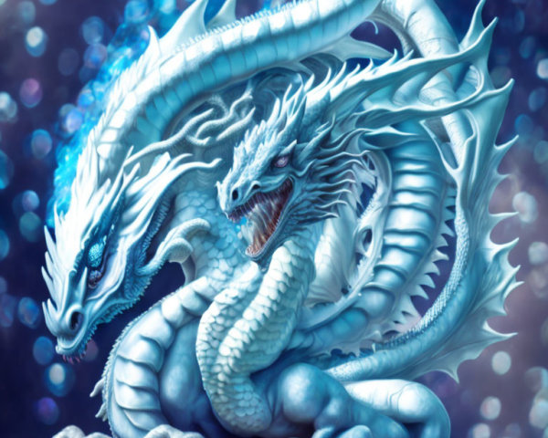Interwoven dragons with gleaming scales under starry sky