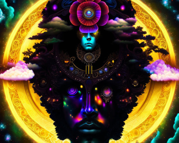 Colorful cosmic portrait with celestial and floral motifs on starry backdrop