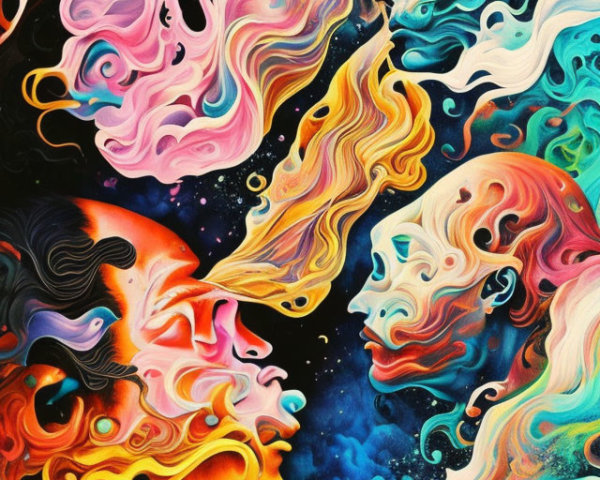 Colorful Psychedelic Artwork: Faces with Swirling Hair in Cosmic Background