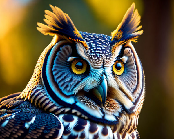 Vividly colored owl with intricate feathers and yellow eyes on blurred background