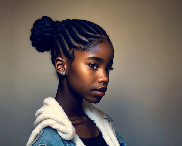Profile view of young girl with cornrow braids in bun, wearing denim jacket with white fur collar