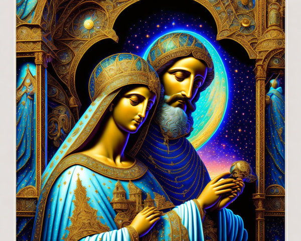 Digital artwork of two robed figures in cosmic setting