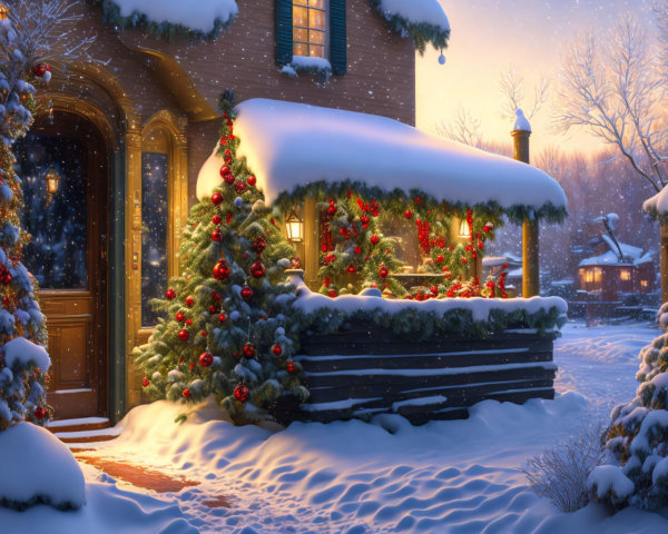 Snow-covered house with festive Christmas decorations on a tranquil winter evening