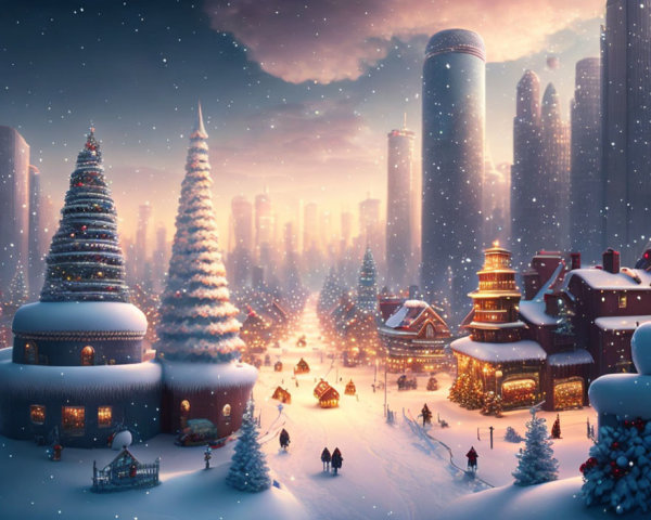 Snowy festive cityscape: Christmas trees, lights, people, cozy houses, skyscrapers.