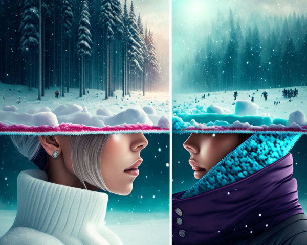 Snowy landscape and woman's profile blend in split-image with hair mimicking hills and earpiece resembling