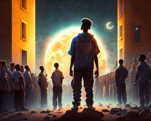 Person standing before crowd under night sky with moon, stars, and towering buildings.
