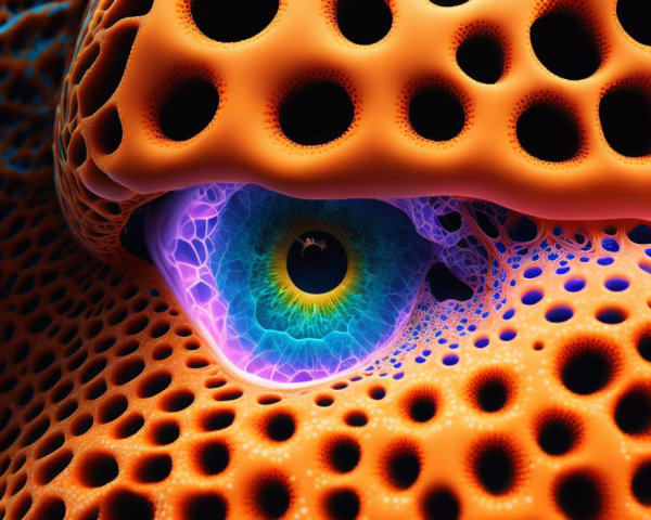 Vibrant blue eye with electric glow in abstract orange and blue structure