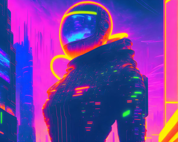 Cyberpunk astronaut in neon-lit cityscape
