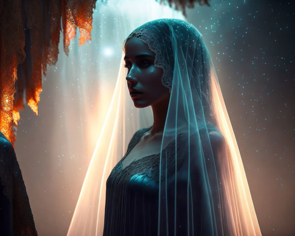 Mystical woman in dark dress and veil in ethereal forest with otherworldly light.