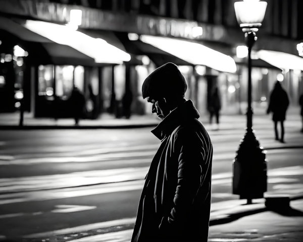 Silhouetted figure in brimmed hat and coat on city street at night