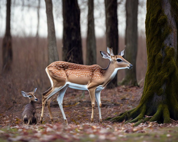 Spotted deer and fawn in peaceful forest scene
