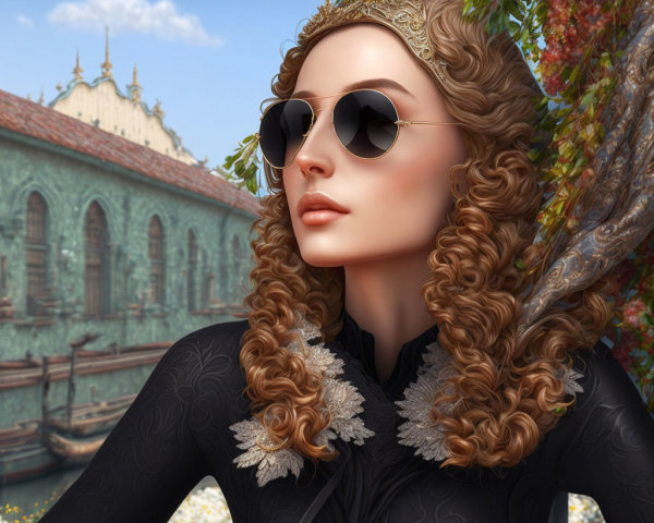 Digital illustration: Woman with curly hair, sunglasses, ornate headpiece, black outfit, classical building