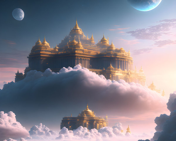Floating palace above clouds with two moons at dusk
