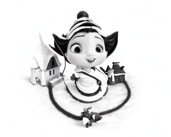 Monochrome cartoon character in bee costume near tiny houses and dog