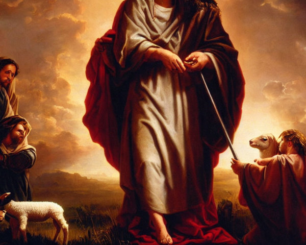 Classical painting: robed figure with staff, lamb, and pastoral landscape