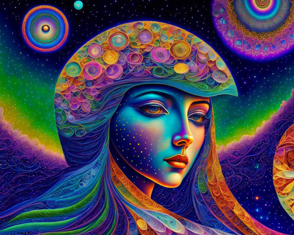 Colorful Psychedelic Artwork: Woman with Decorative Headgear in Cosmic Setting