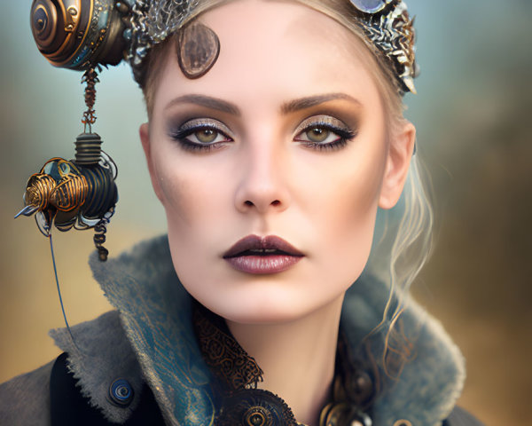 Steampunk woman with mechanical headdress and goggles exhaling smoke