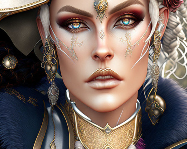 Regal fantasy character with golden head jewelry and blue fur-lined cloak