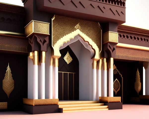 Islamic architectural rendering with archways, golden accents, and geometric patterns