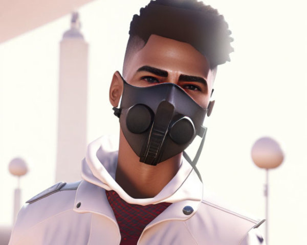 Digital portrait: man in high-top fade, white jacket, red top, black gas mask, desert