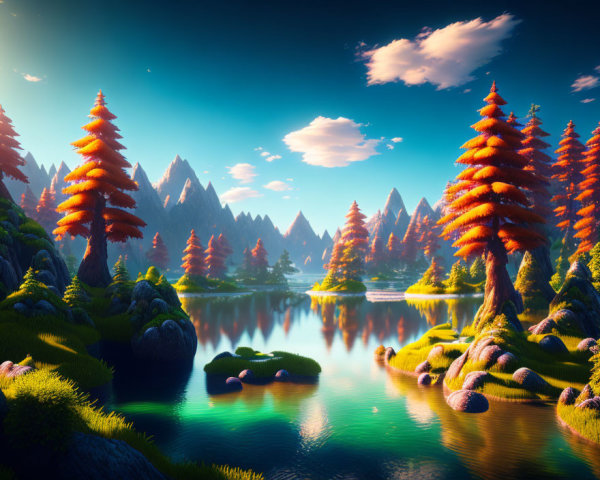 Colorful Fantasy Landscape with Orange Trees, Blue Lake, and Mountain Range