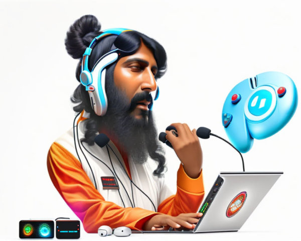 Bearded person in headset speaking into microphone with laptop and whimsical blue character on white background.