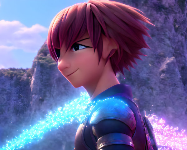 Animated character with spiky red hair in futuristic armor on sparkling background