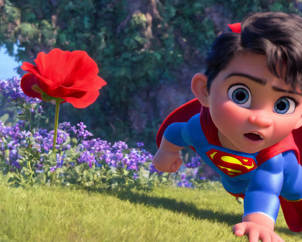 Animated baby in Superman outfit admires red poppy in colorful field