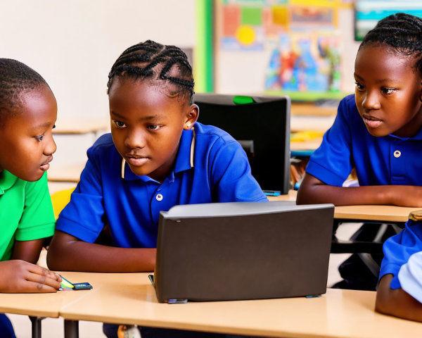 Three students in school uniforms using a laptop in a colorful classroom