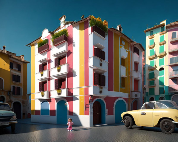 Vibrant European Buildings, Child on Pavement, Vintage Cars in Street