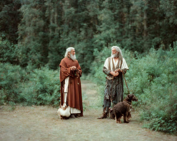 Medieval men with dog on forest path