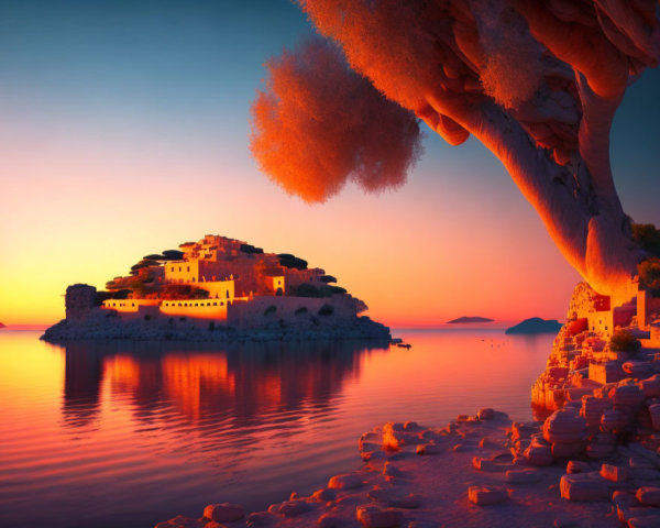 Tranquil sunset over island with buildings and tree reflection