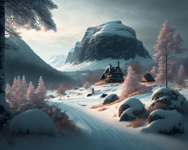Snowy cabins, frosted trees, snowy path, majestic mountain in tranquil winter scene