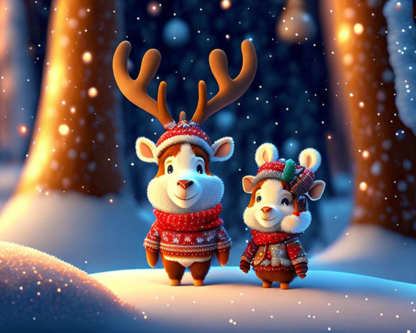 Animated reindeers in winter scene with snowflakes & illuminated trees