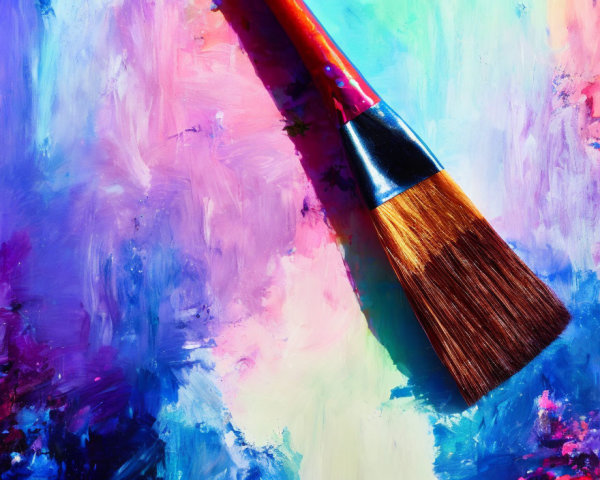 Colorful abstract painting with pink, blue, and purple bold strokes and paintbrush.