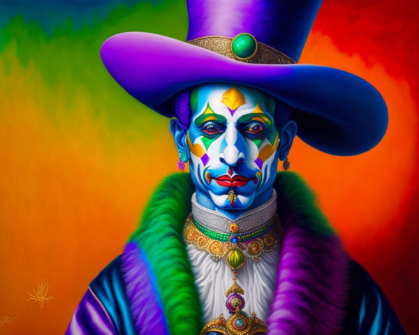 Colorful jester painting with purple hat and face paint
