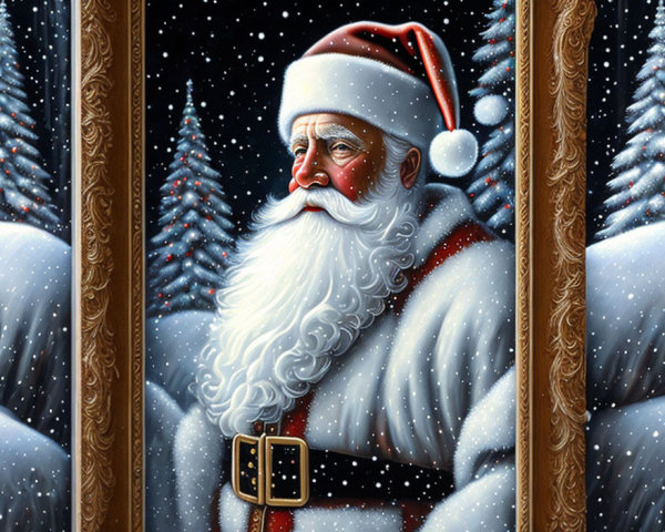 Illustrated Santa Claus portrait with red hat, snowy pine trees, and brown wood window frame.