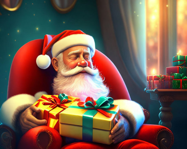 Santa Claus with gift and presents by glowing window