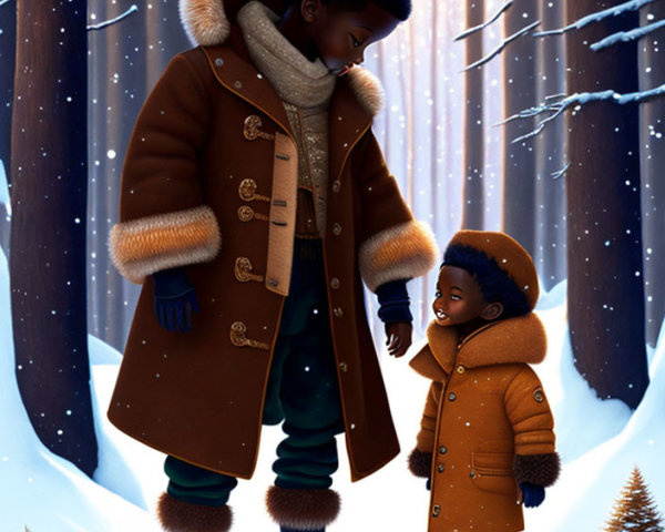 Illustration of two individuals in winter coats in snowy forest